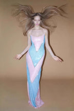 Simona Fully Rhinestoned Bodycon Maxi Dress - Blue & Pink Flowering Girl