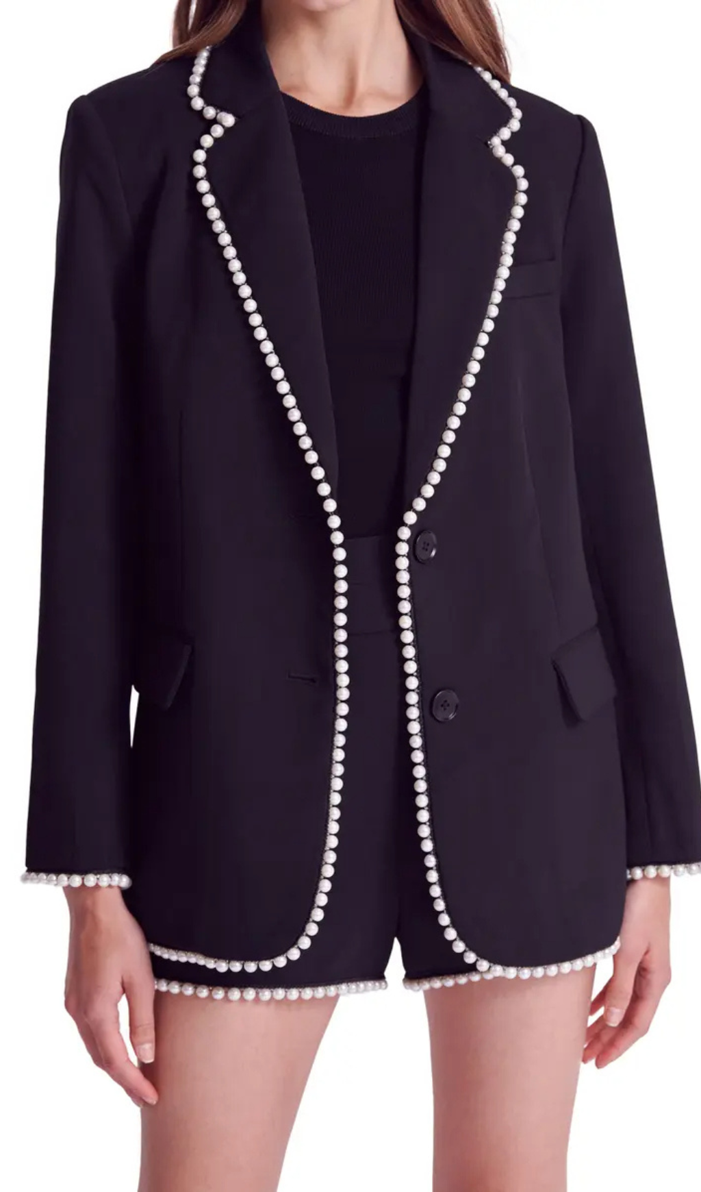 Imitation Pearl Trim Blazer In Black Flowering Girl