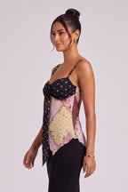 Black Sheer Chiffon Fitted Bodice with Asymmetrical Handkerchief Hem Camisole Top Flowering Girl