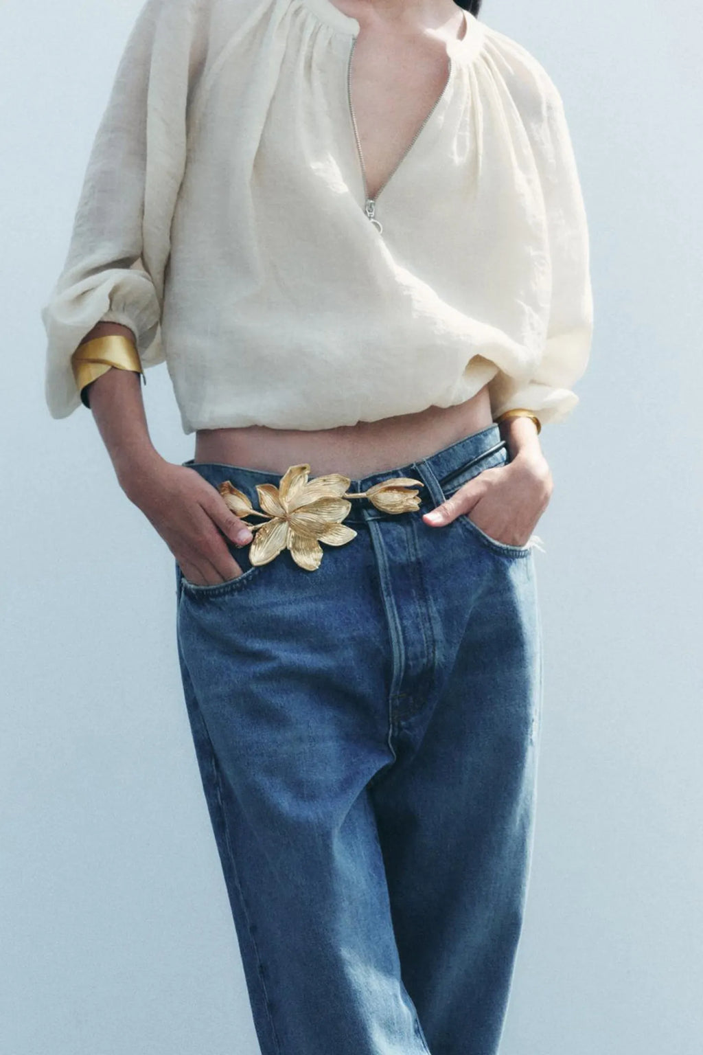 3D Sculpted Golden Floral Thin Leather Belt Flowering Girl