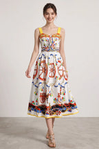White Cotton Poplin Fit-and-Flare Midi Dress with Sicilian Carretto Print Flowering Girl