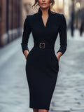 Refined Black Belted Sheath Dress With Mandarin Collar Flowering Girl