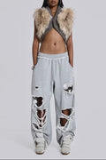 Sleeveless Shoulder Fur Patchwork Cropped Jacket Flowering Girl