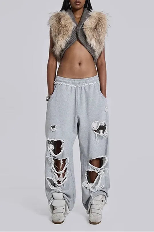 Sleeveless Shoulder Fur Patchwork Cropped Jacket Flowering Girl