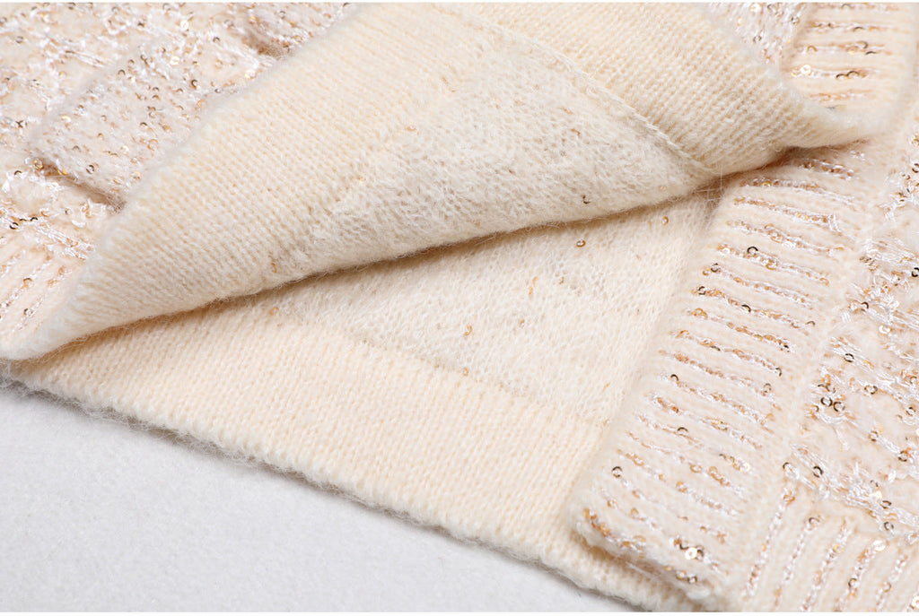 Sequin Knit v-Neck Cardigan In Beige Flowering Girl