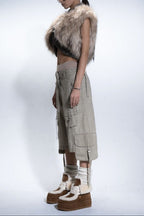 Sleeveless Shoulder Fur Patchwork Cropped Jacket Flowering Girl