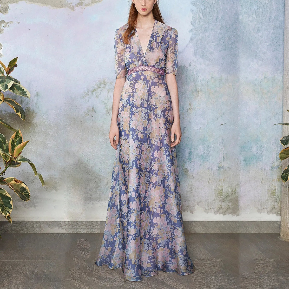 Purple Floral Printed V-Neck Maxi Dress Flowering Girl