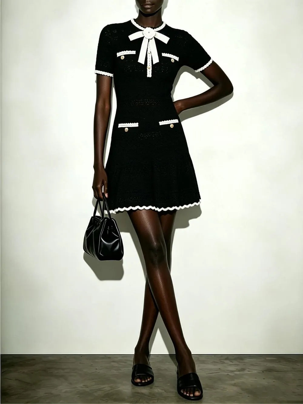 Madelene Black Flower Bow Knit Mini Dress Flowering Girl