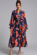 Navy Blue Tiered Chiffon Maxi Dress with Floral Print Flowering Girl