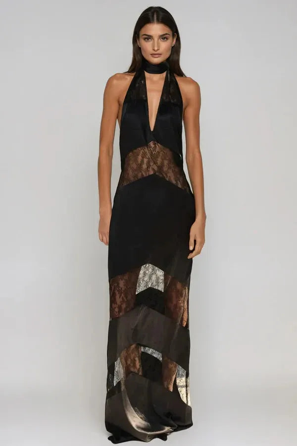 Clora Satin Halter Lace Maxi Dress - Black Flowering Girl