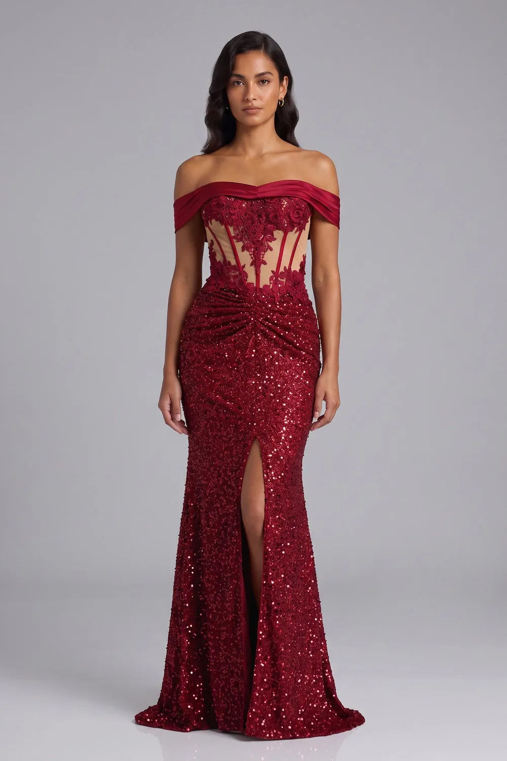 Deep Red Sequin Off-the-Shoulder Mermaid Gown Flowering Girl