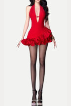 v-Neckline Ruffle Trim Mini Dress In Red Flowering Girl