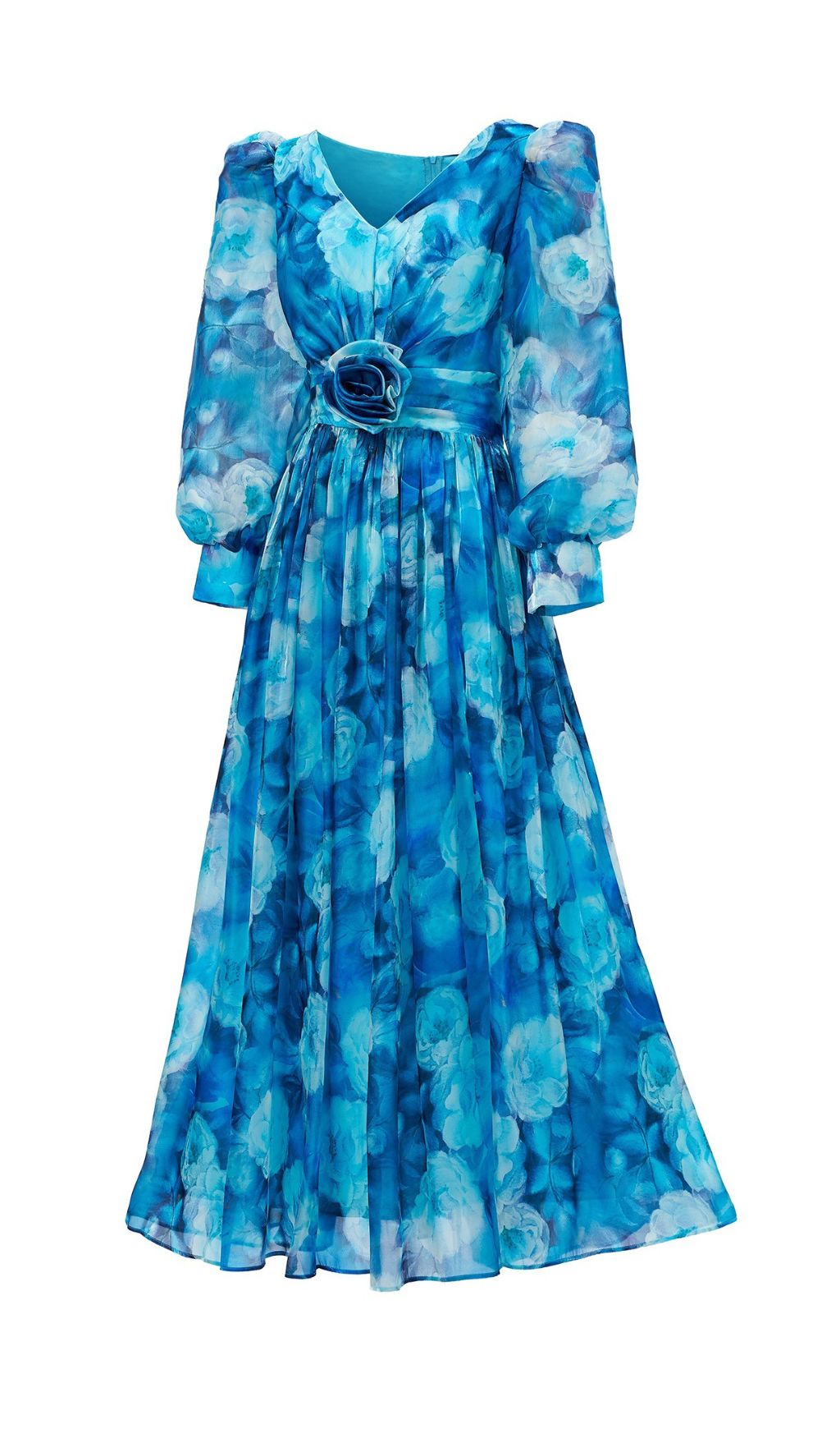 Feray Blue Floral Printed Long Sleeve Maxi Dress Flowering Girl