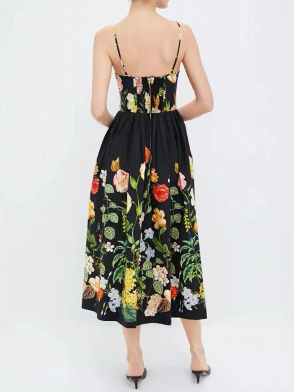 Meaza Black Spaghetti Printed Midi Dress Flowering Girl