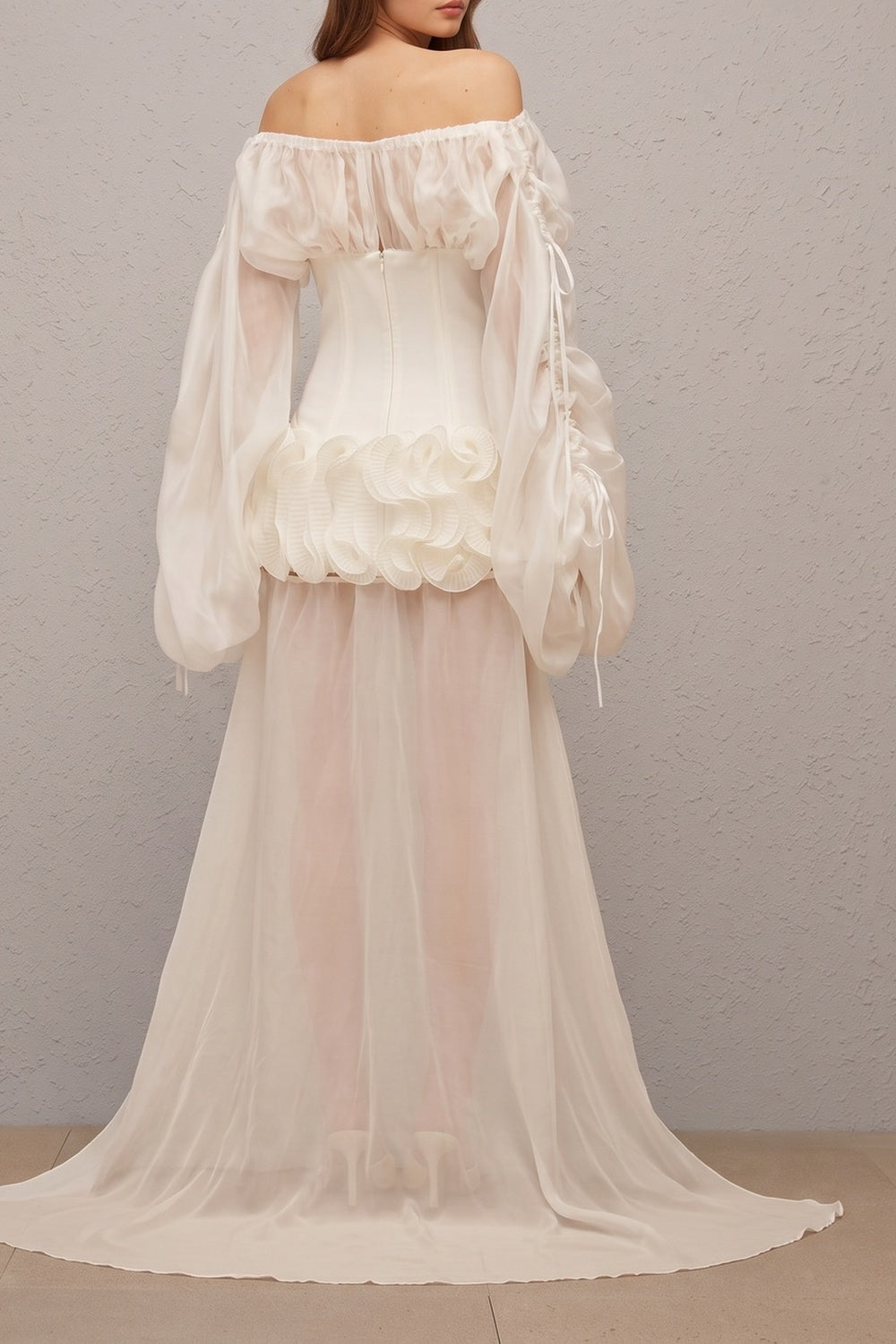 Off Shoulder Sheer Sleeve Corset Ruffle High Low Mini Dress Flowering Girl