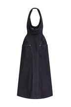 Haltered Corseted Midi Dress Denim In Navy Blue Flowering Girl
