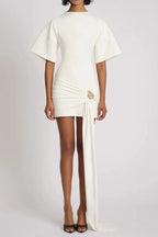 Draped Embellished Mini Dress - White Flowering Girl