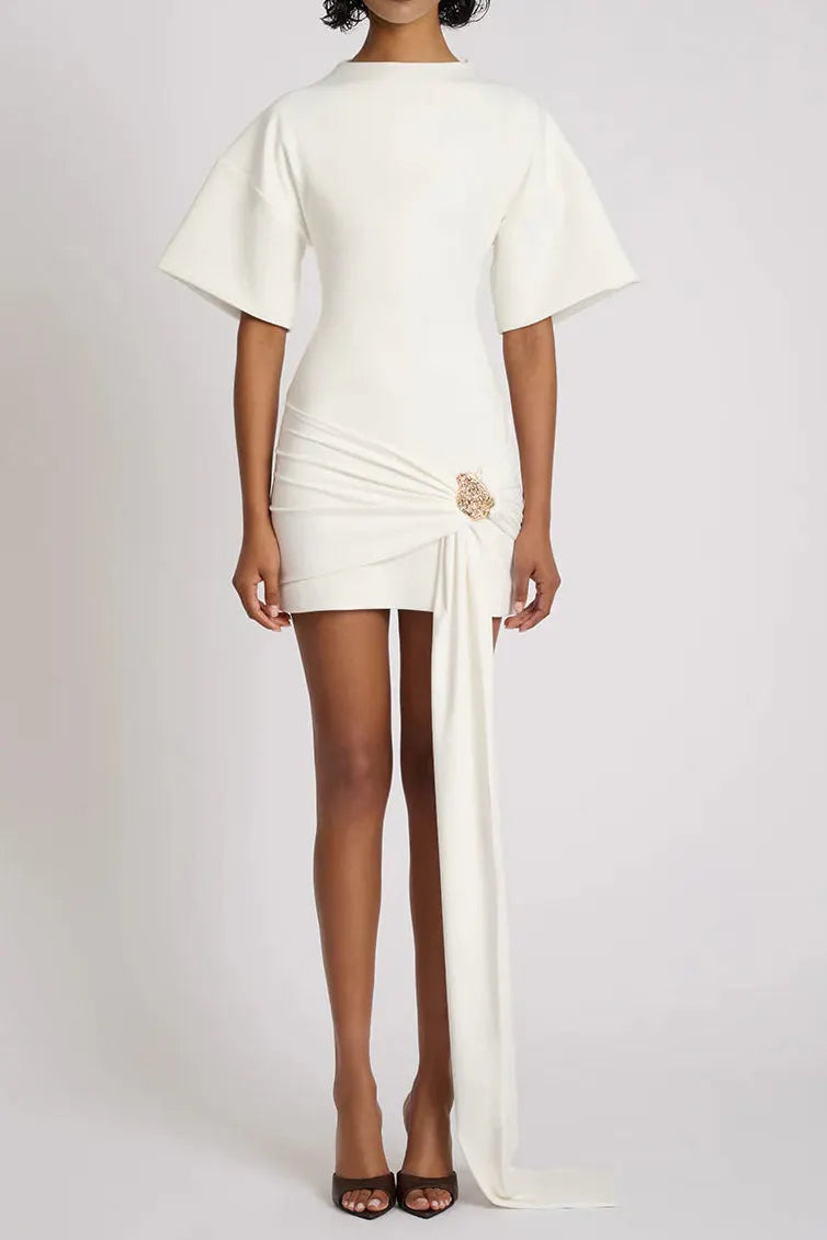 Draped Embellished Mini Dress - White Flowering Girl
