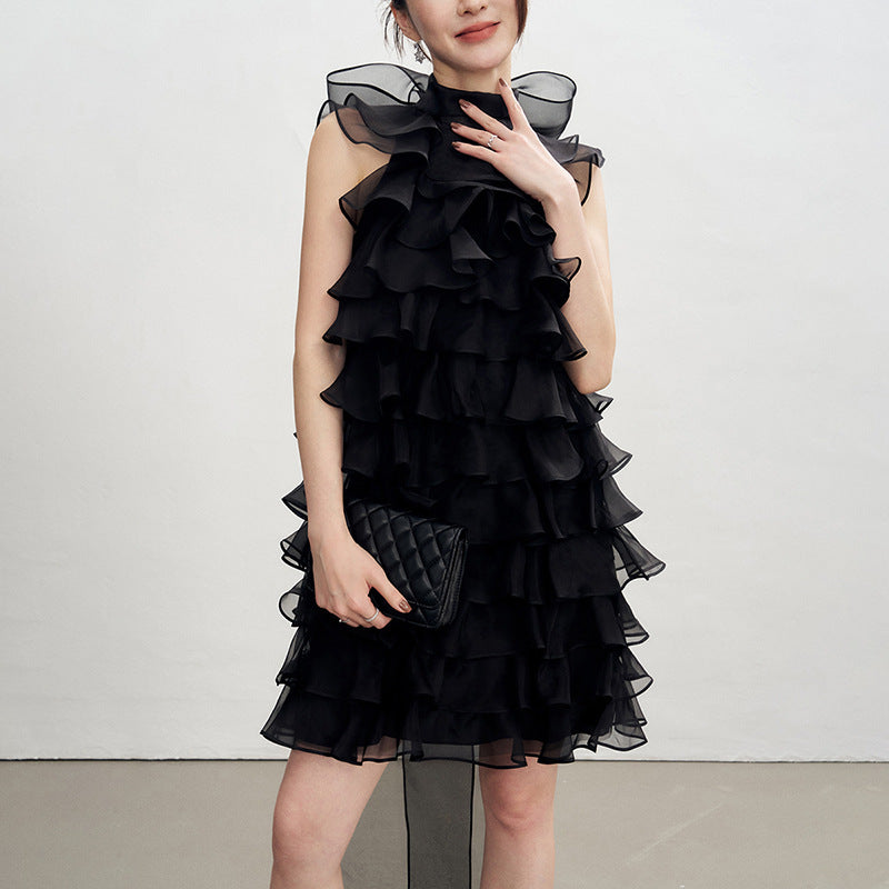 Poppy Ruffle Silk Organza Sleeveless Mini Dress In Black Flowering Girl