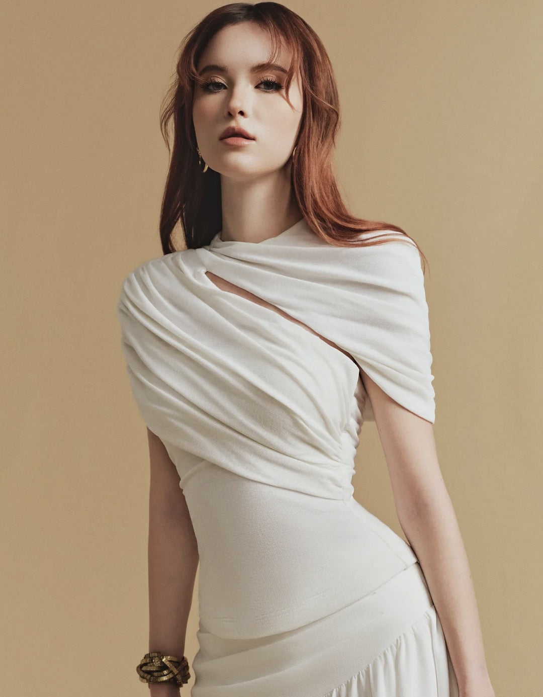 Cassia Asymmetrical Ruched Top Midi Skirt Set In White Flowering Girl