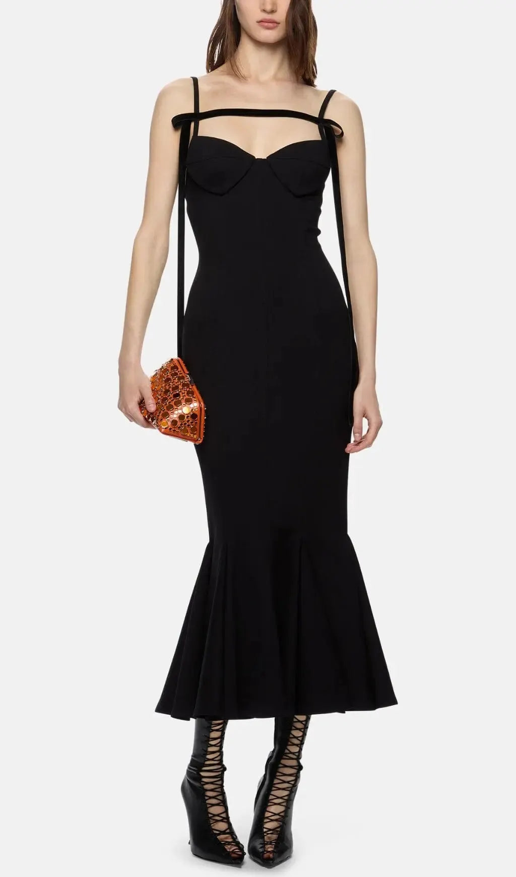 Strapy Slim Maxi Dress In Black Flowering Girl