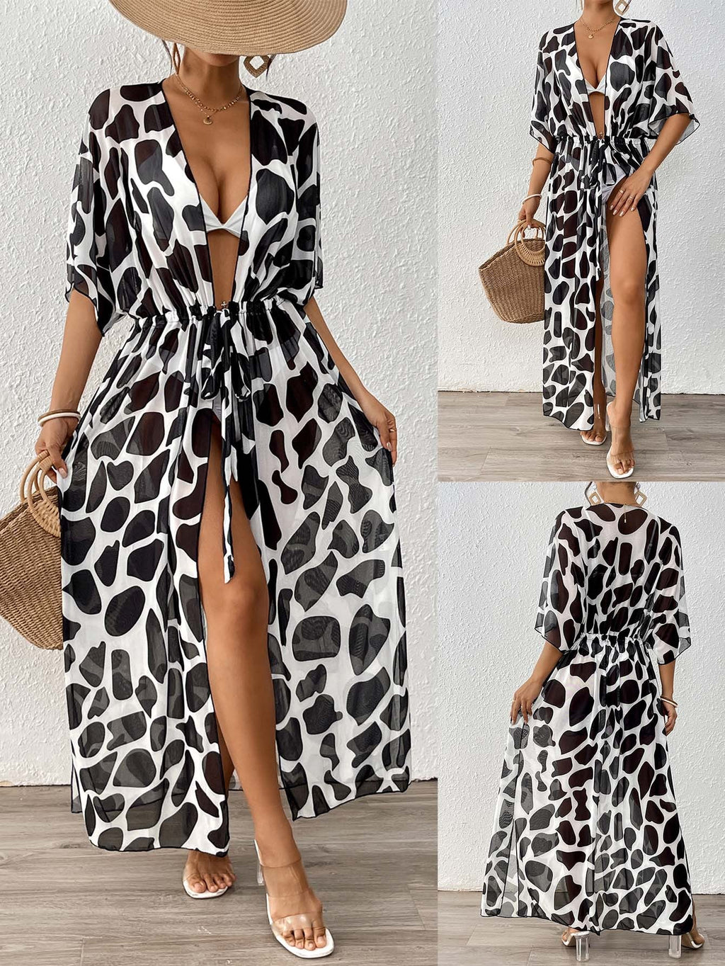 Belinda Bikini Cover-Up Cardigan Beach Loose Style——Black And White Flowering Girl