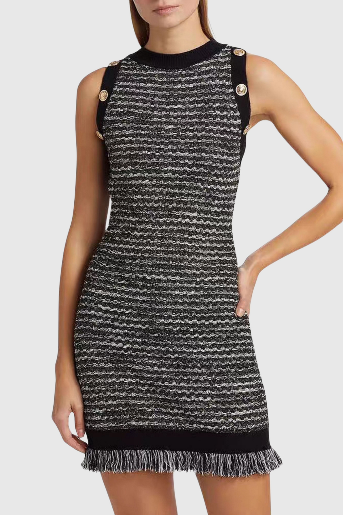 Cailean Fringe Tweed Sleeveless Mini Dress Flowering Girl