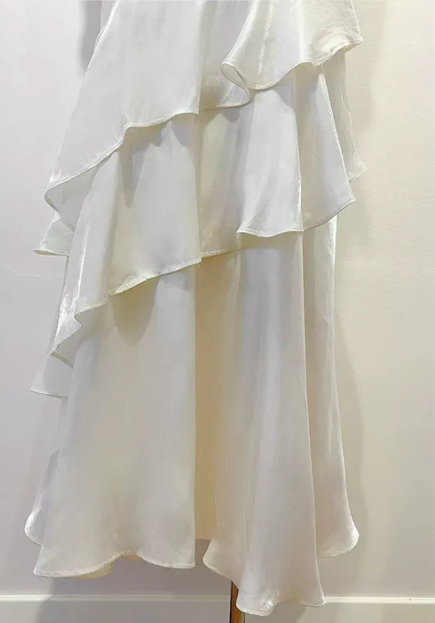 Off Shoulder Twist Ruched Tiered Ruffle Satin Maxi Dress Flowering Girl