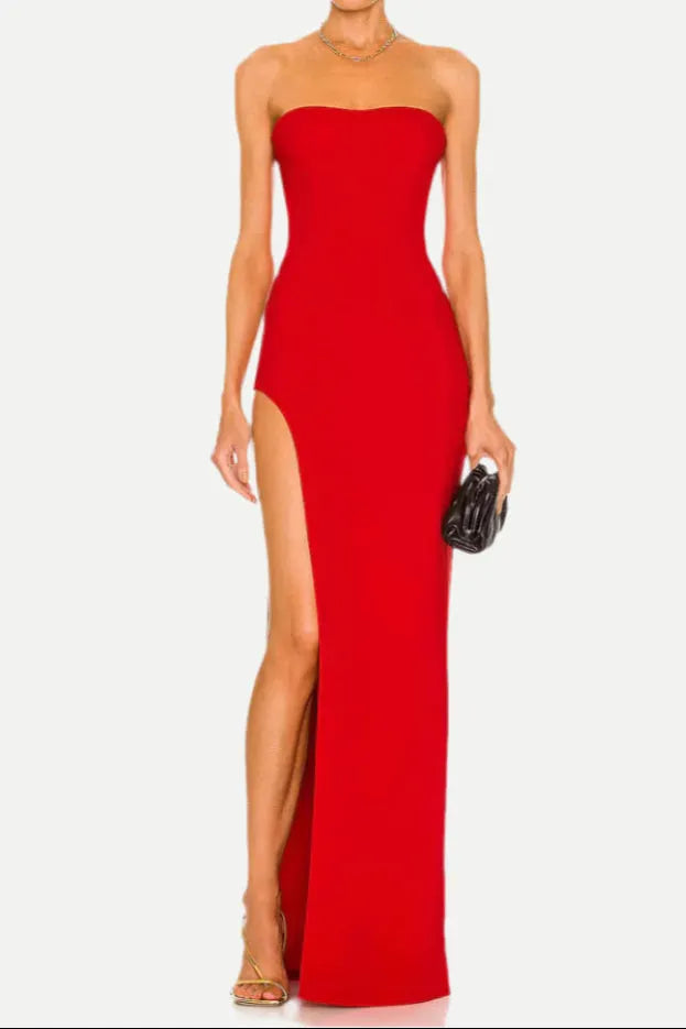 Tube Slit strapless Gown in red Flowering Girl