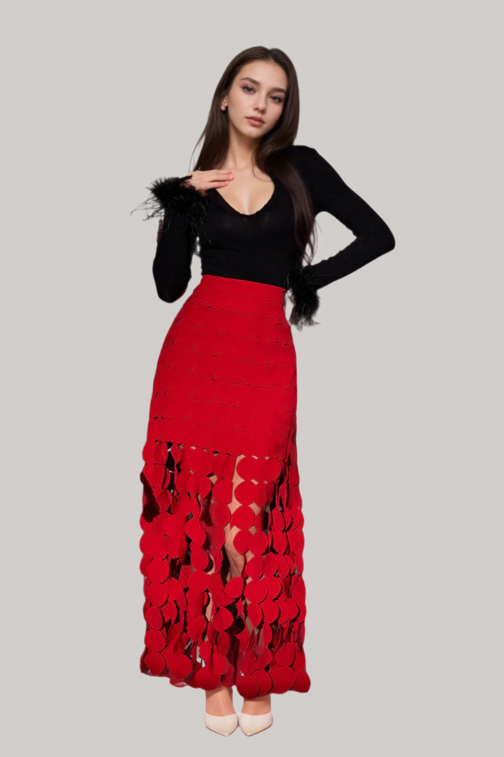 CIRCLE CUTOUT FRINGE SKIRT IN RED Flowering Girl
