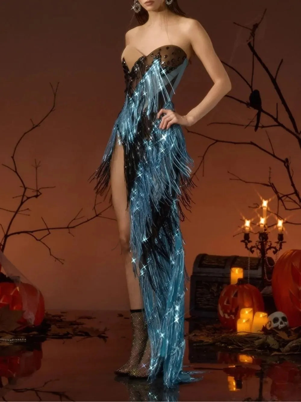 Ulsira Strapless Crystal Fringe Maxi Dress Flowering Girl