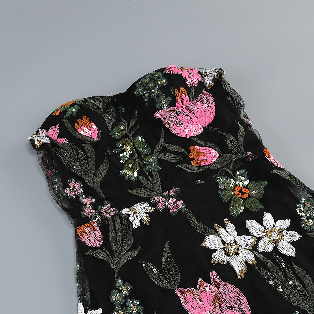 Black Floral Embroidered Mesh Column Dress Flowering Girl