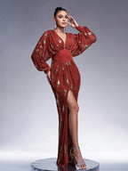 Lantern Sleeve Sequin Prom Dress Flowering Girl