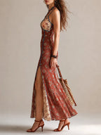 Rust-red Floral Print Chiffon High-slit Spaghetti Strap Maxi Dress Flowering Girl