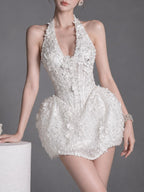 Eltarek Halterneck Sequin Mini Dress In White Flowering Girl
