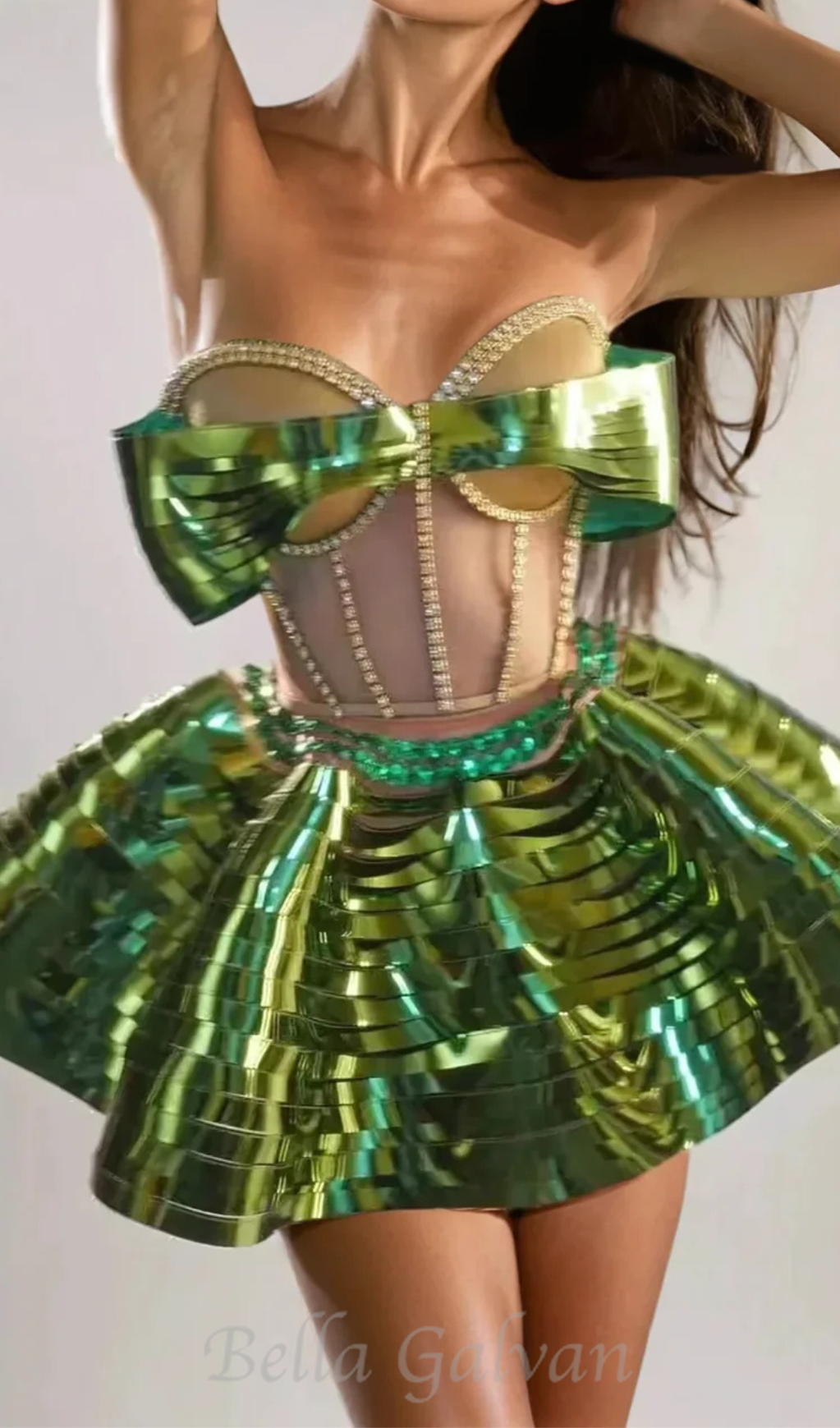 Crystal Metallic Skirt Set In Green Flowering Girl
