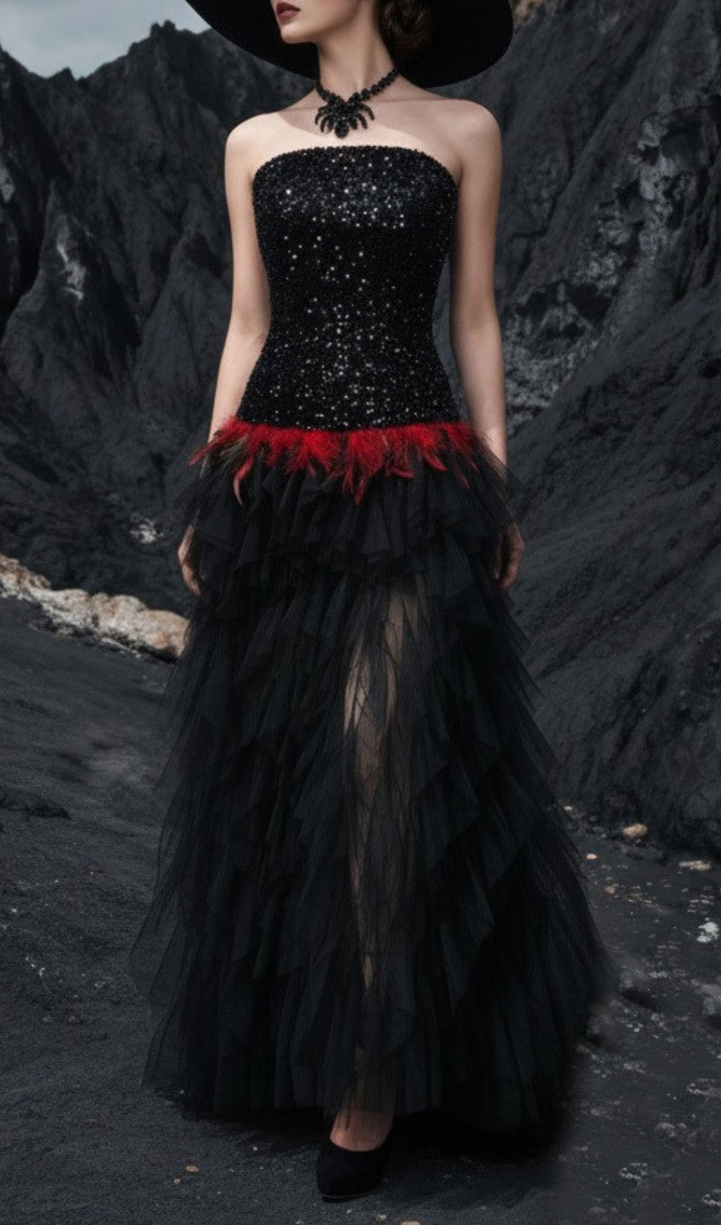 Jainna Black Strapless Sequin Mesh Maxi Dress Flowering Girl