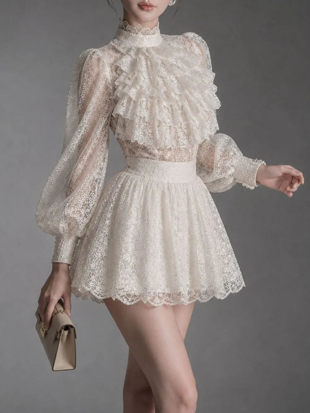 Maxine White Lace Lantern Sleeve Mini Dress Flowering Girl