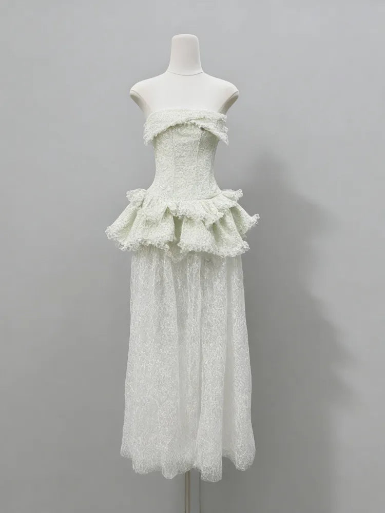 Tiffany Fitted Lace-Paneled Strapless Maxi Dress In Green Flowering Girl