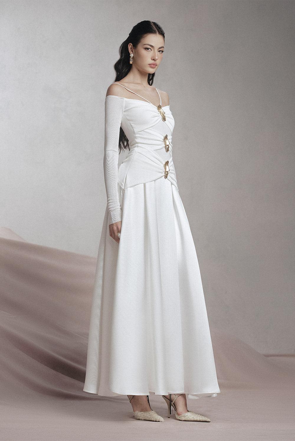 White A-Line Cold Shoulder Sleeved Spandex Taffeta Maxi Dress Flowering Girl