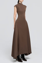 Eorkone Symmetric Drapes Flared Midi Dress - Brown Flowering Girl