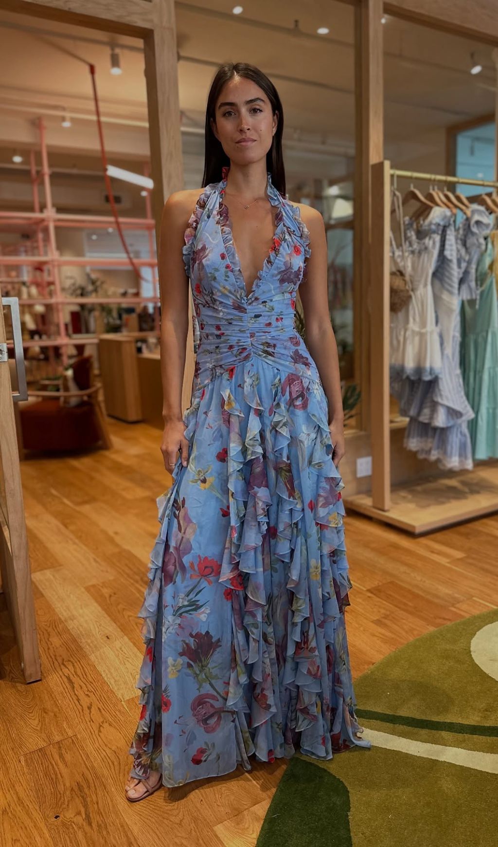 Delicah Blue Halter Floral Ruffle Maxi Dress Flowering Girl