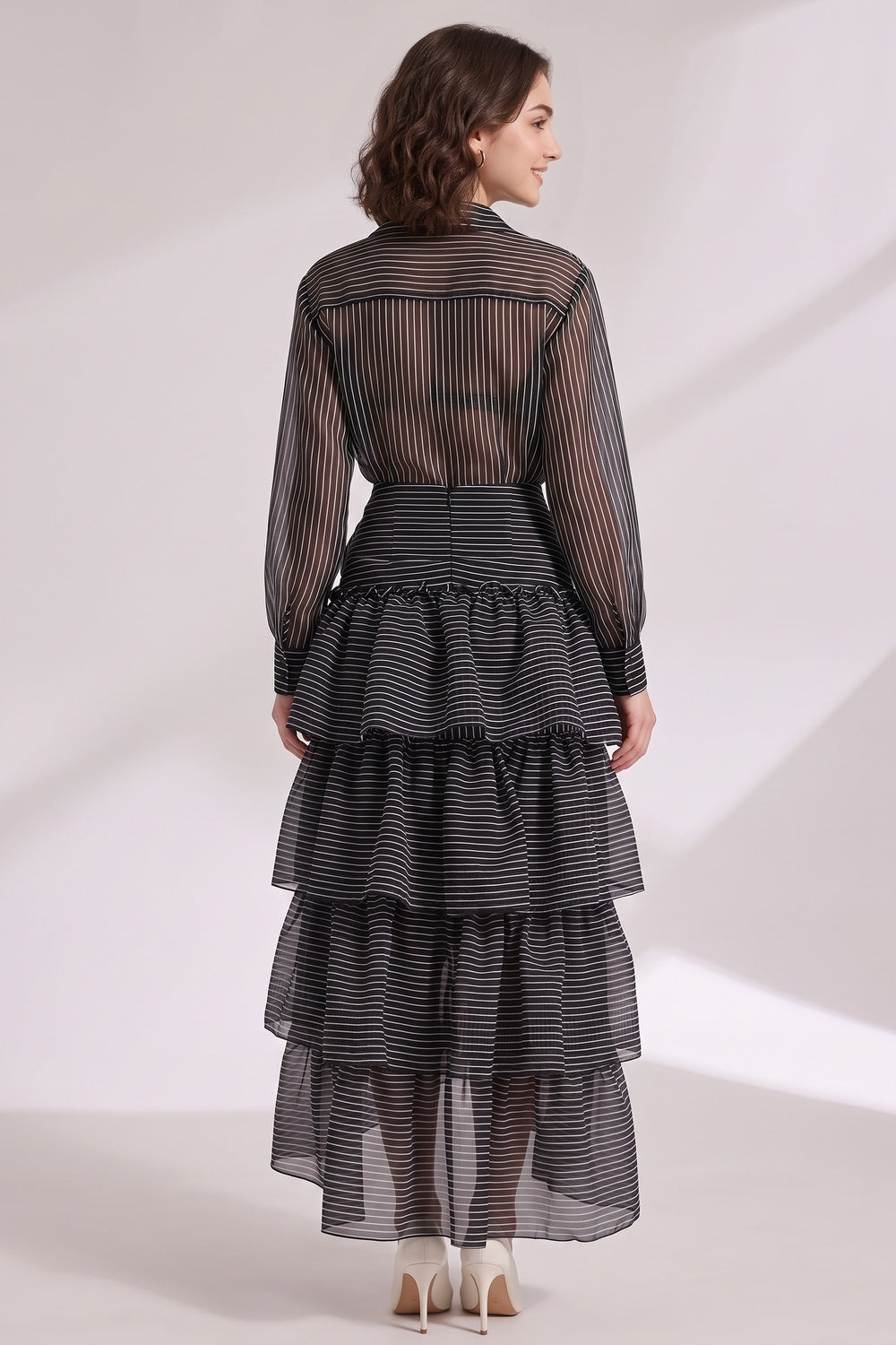 Black Sheer Organza Or Chiffon Fitted Shirt With High-Waisted Tiered Maxi Skirt Two-Piece Matching Set Flowering Girl