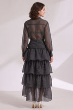 Black Sheer Organza Or Chiffon Fitted Shirt With High-Waisted Tiered Maxi Skirt Two-Piece Matching Set Flowering Girl