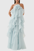 Caysie Halter Floral Ruffle Layered Maxi Dress in Blue Flowering Girl