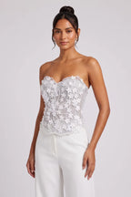 Light Grey Mesh Structured Corset Top with Floral Appliqué Flowering Girl