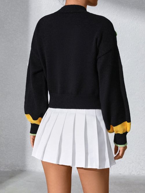 3D Daisy Bee V Neck Long Sleeve Cropped Knit Cardigan Flowering Girl