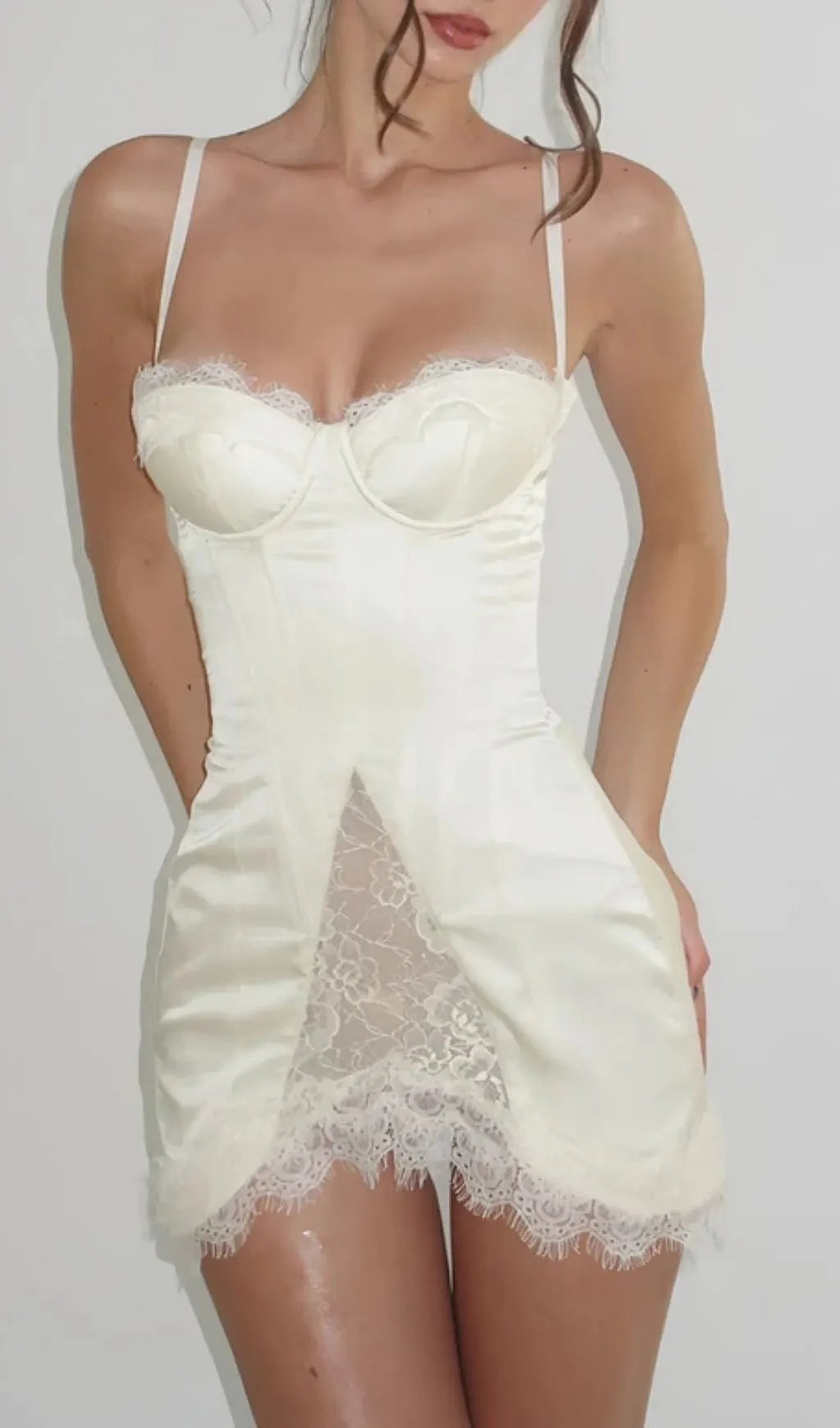 Lorraine White Satin Mini Dress With Lace Panels Flowering Girl