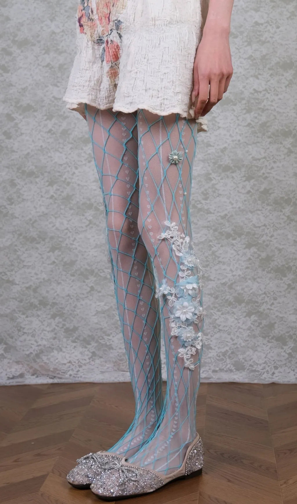 White Tights & Blue Floral Tights Set Flowering Girl