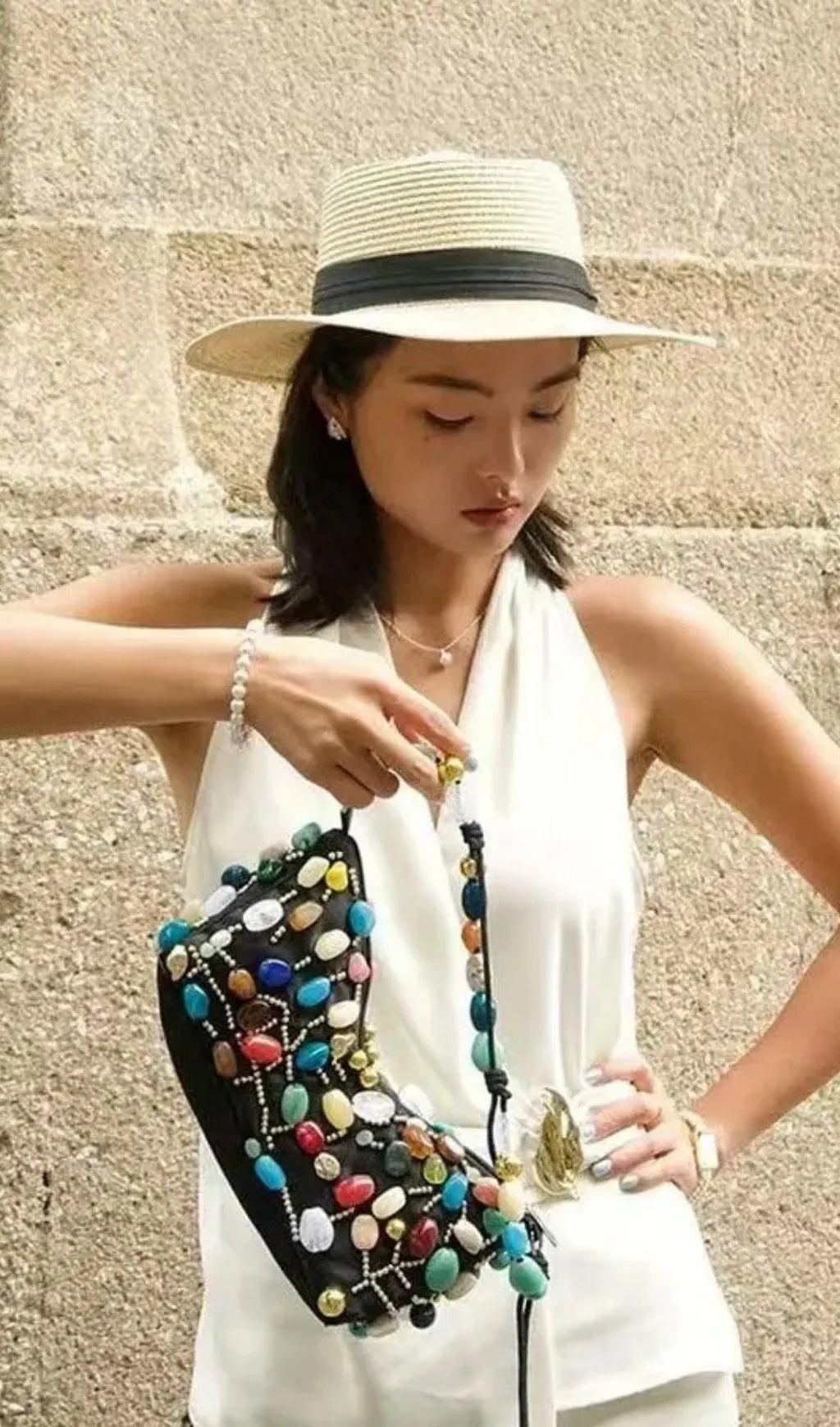 Beaded Crescent Shoulder Bag With Colorful Stone Embellishments Flowering Girl